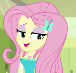 Size: 591x563 | Tagged: safe, screencap, character:fluttershy, episode:fluttershy's butterflies, g4, my little pony:equestria girls, beautiful, canterlot high, cropped, eyeshadow, geode of fauna, lidded eyes, magical geodes, makeup, solo