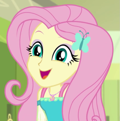 Size: 571x578 | Tagged: safe, screencap, character:fluttershy, episode:fluttershy's butterflies, g4, my little pony:equestria girls, cropped, cute, cute face, geode of fauna, happy, shyabetes, smiling, solo