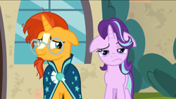 Size: 1136x640 | Tagged: safe, screencap, character:starlight glimmer, character:sunburst, episode:the parent map, g4, floppy ears, raised eyebrow, sire's hollow, starlight is not amused, unamused