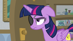 Size: 1920x1080 | Tagged: safe, screencap, character:twilight sparkle, character:twilight sparkle (alicorn), species:alicorn, species:pony, episode:friendship university, g4, my little pony: friendship is magic, annoyed, eyepatch, eyepatch (disguise), fake cutie mark