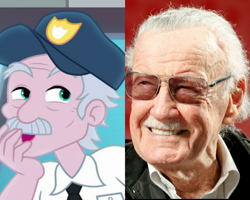 Size: 1350x1080 | Tagged: safe, screencap, equestria girls:rollercoaster of friendship, g4, my little pony:equestria girls, background human, cameo, comparison, equestria girls-ified, irl, photo, police, police officer, stan lee, stanley excelsior