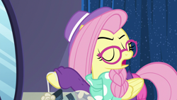 Size: 1280x720 | Tagged: safe, screencap, character:fluttershy, species:pegasus, species:pony, episode:fake it 'til you make it, alternate hairstyle, eyes closed, female, glasses, hipstershy, mare, open mouth, solo