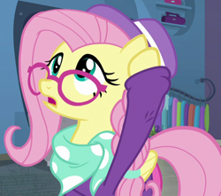 Size: 732x647 | Tagged: safe, screencap, character:fluttershy, species:pegasus, species:pony, episode:fake it 'til you make it, alternate hairstyle, cropped, female, glasses, hipstershy, looking up, mare, open mouth, solo