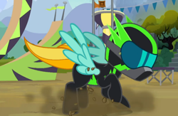 Size: 1506x981 | Tagged: safe, screencap, character:lightning dust, species:pegasus, species:pony, episode:the washouts, g4, my little pony: friendship is magic, bodysuit, female, goggles, helmet, mare, omg, raised hoof, washouts uniform