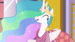 Size: 1920x1080 | Tagged: safe, screencap, character:princess celestia, species:alicorn, species:pony, episode:make new friends but keep discord, g4, my little pony: friendship is magic, clothing, crown, cute, cutelestia, dress, ethereal mane, eyes closed, female, flowing mane, folded wings, gala, gala dress, having fun, jewelry, mare, multicolored hair, open mouth, regalia, sillestia, silly, smiling, sparkling mane, talking