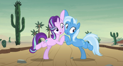 Size: 1733x934 | Tagged: safe, screencap, character:starlight glimmer, character:trixie, species:pony, species:unicorn, episode:on the road to friendship, bipedal, cactus, cheek squish, cheek to cheek, cute, desert, diatrixes, duo, duo female, female, glimmerbetes, mare, messy mane, saguaro cactus, squishy cheeks