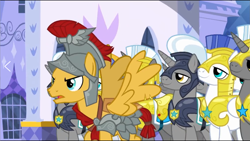Size: 1575x890 | Tagged: safe, screencap, character:flash magnus, species:pegasus, species:pony, species:unicorn, episode:a rockhoof and a hard place, g4, my little pony: friendship is magic, armor, male, royal guard, stallion