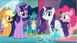 Size: 1582x890 | Tagged: safe, screencap, character:applejack, character:gallus, character:pinkie pie, character:rarity, character:twilight sparkle, character:twilight sparkle (alicorn), species:alicorn, species:earth pony, species:griffon, species:pony, species:unicorn, episode:a rockhoof and a hard place, g4, my little pony: friendship is magic, female, male, mare, water, wet, wet mane, wet mane rarity