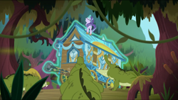 Size: 1570x885 | Tagged: safe, screencap, character:starlight glimmer, species:pony, species:unicorn, episode:on the road to friendship, crocodile, eyes closed, female, gritted teeth, hoo'far's wagon, magic, mare, solo, swamp, telekinesis, wagon