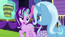 Size: 1280x720 | Tagged: safe, screencap, character:starlight glimmer, character:trixie, species:pony, species:unicorn, episode:on the road to friendship, credits, duo, duo female, female, french, josh haber, levitation, magic, mare, telekinesis