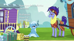 Size: 1280x720 | Tagged: safe, screencap, character:hoo'far, character:trixie, species:pony, species:unicorn, episode:on the road to friendship, female, french, jim miller, looking at each other, male, mare, saddle arabian, shipping fuel, sitting, stallion, trixie's wagon