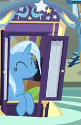 Size: 351x537 | Tagged: safe, screencap, character:trixie, species:pony, species:unicorn, episode:on the road to friendship, cropped, eyes closed, female, mare, river, smiling, solo, trixie's wagon, water
