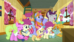 Size: 1920x1080 | Tagged: safe, screencap, character:bon bon, character:bow hothoof, character:daisy, character:noi, character:scootaloo, character:snails, character:snips, character:sweetie drops, character:twilight sparkle, character:twilight sparkle (alicorn), character:windy whistles, species:alicorn, species:earth pony, species:pegasus, species:pony, species:unicorn, episode:the washouts, g4, my little pony: friendship is magic, audience, background pony, clubhouse, colt, crusaders clubhouse, fan club, female, filly, foal, male, mare, scootaloo fanclub, spying, stallion