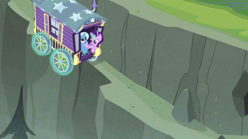 Size: 800x450 | Tagged: safe, screencap, character:hoo'far, character:starlight glimmer, character:trixie, species:pony, species:unicorn, episode:on the road to friendship, animated, cheek squish, cheek to cheek, cliff, cute, diatrixes, falling, female, friendshipping, ghastly gorge, gif, glimmerbetes, glowing horn, hoo'far's wagon, i guess we're stuck together, inflatable, inflatable raft, magic, magic aura, male, mare, mountain, prone, raft, river, saddle arabian, shipping fuel, snuggling, squished, squishy, squishy cheeks, stallion, telekinesis, trixie's wagon, wagon, we're friendship bound, wet mane