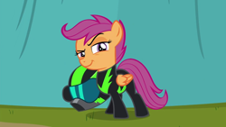 Size: 1920x1080 | Tagged: safe, screencap, character:scootaloo, species:pegasus, species:pony, episode:the washouts, g4, my little pony: friendship is magic, clothing, dreamworks face, female, filly, foal, goggles, helmet, pint-sized dynamite, raised eyebrow, smug, traitor, traitorloo, washouts uniform, wings