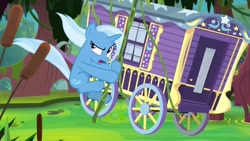 Size: 1280x720 | Tagged: safe, screencap, character:trixie, species:pony, species:unicorn, episode:on the road to friendship, female, mare, solo, swamp, swinging, trixie's wagon, vine