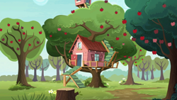 Size: 1920x1080 | Tagged: safe, screencap, episode:the washouts, g4, my little pony: friendship is magic, apple, apple orchard, apple tree, clubhouse, crusaders clubhouse, food, no pony, tree, tree stump