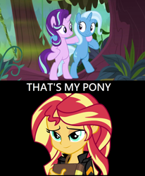 Size: 1276x1548 | Tagged: safe, screencap, character:starlight glimmer, character:sunset shimmer, character:trixie, episode:on the road to friendship, my little pony:equestria girls, bipedal, book, hug, meme, smiling, smirk, that's my x