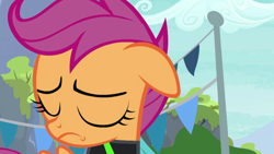 Size: 1920x1080 | Tagged: safe, screencap, character:scootaloo, species:pegasus, species:pony, episode:the washouts, g4, my little pony: friendship is magic, eyes closed, female, pint-sized dynamite, sad, solo, washouts uniform