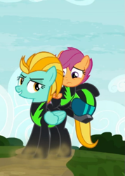Size: 433x608 | Tagged: safe, screencap, character:lightning dust, character:scootaloo, species:pegasus, species:pony, episode:the washouts, g4, my little pony: friendship is magic, clothing, cropped, duo, female, filly, helmet, mare, nervous, pint-sized dynamite, smiling, uniform, washouts uniform, wings