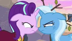 Size: 1280x720 | Tagged: safe, screencap, character:starlight glimmer, character:trixie, species:pony, species:unicorn, episode:on the road to friendship, boop, duo, duo female, eye contact, female, floppy ears, glare, horns are touching, looking at each other, mare, messy mane, noseboop, tree branch