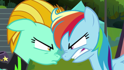 Size: 1280x720 | Tagged: safe, screencap, character:lightning dust, character:rainbow dash, episode:the washouts, g4, my little pony: friendship is magic, angry, boop, duckface, gritted teeth, noseboop, pouting, rainbowsnap, reunion, rivalry, washouts uniform