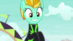 Size: 1280x720 | Tagged: safe, screencap, character:lightning dust, species:pegasus, species:pony, episode:the washouts, g4, my little pony: friendship is magic, clothing, cute, dustabetes, female, mare, smiling, solo, uniform, washouts uniform, when she smiles