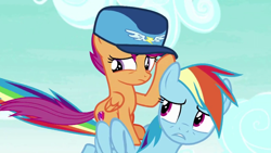 Size: 1280x720 | Tagged: safe, screencap, character:rainbow dash, character:scootaloo, species:pegasus, species:pony, episode:the washouts, g4, my little pony: friendship is magic, clothing, duo, female, filly, foal, hat, kepi, mare