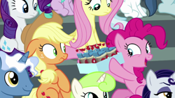 Size: 1280x720 | Tagged: safe, screencap, character:applejack, character:fluttershy, character:moonlight raven, character:pinkie pie, character:rarity, species:earth pony, species:pony, episode:the washouts, g4, my little pony: friendship is magic, "scootaloo's super-difficult stunt" special cupcakes, duo focus, female, mare