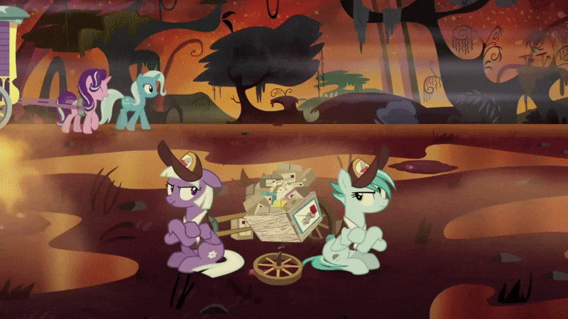 Size: 800x450 | Tagged: safe, screencap, character:appointed rounds, character:rainy day, character:starlight glimmer, character:trixie, species:pegasus, species:pony, species:unicorn, episode:on the road to friendship, animated, background pony, female, fire, fire swamp, flame geyser, gif, mailmare, mailpony, mare, swamp, trixie's wagon, unnamed pony, wagon, we're friendship bound, wheel