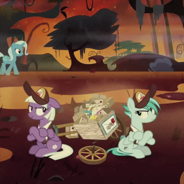 Size: 600x600 | Tagged: safe, screencap, character:appointed rounds, character:rainy day, character:starlight glimmer, character:trixie, species:pegasus, species:pony, species:unicorn, episode:on the road to friendship, animated, background pony, bickering, cropped, female, fire, fire swamp, flame geyser, gif, mailmare, mailpony, mare, sitting, swamp, trixie's wagon, unnamed pony, wagon, we're friendship bound