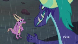 Size: 1920x1080 | Tagged: safe, screencap, character:gaius, character:scales, species:dragon, episode:the hearth's warming club, g4, my little pony: friendship is magic, dragon lord, dragoness, female, male, outstretched arm, rain, scared, this will end in tears