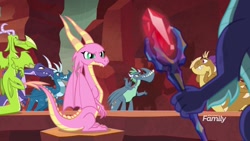 Size: 1920x1080 | Tagged: safe, screencap, character:gaius, character:scales, species:dragon, episode:the hearth's warming club, g4, my little pony: friendship is magic, background dragon, bloodstone scepter, dragoness, female, imminent betrayal, male, scepter, sitting, teenaged dragon