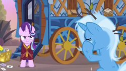 Size: 1280x720 | Tagged: safe, screencap, character:starlight glimmer, character:trixie, species:pony, species:unicorn, episode:on the road to friendship, angry, clothing, crying, duo, duo female, female, gritted teeth, hoo'far's wagon, low quality, mare, messy mane, robe, teary eyes, tree branch, wagon