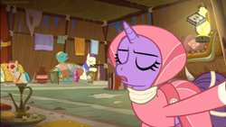 Size: 728x410 | Tagged: safe, screencap, species:earth pony, species:pony, species:unicorn, episode:on the road to friendship, booked, cameo, clothing, eyes closed, female, food, hotel, male, mare, sleeping, somnambula (location), stallion