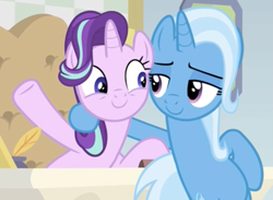 Size: 1877x1377 | Tagged: safe, screencap, character:starlight glimmer, character:trixie, species:pony, species:unicorn, episode:on the road to friendship, belly, best friends, cute, desk, duo, duo female, excited, female, friends, friendshipping, inkwell, lidded eyes, looking at each other, mare, raised hoof, smiling, starlight's office