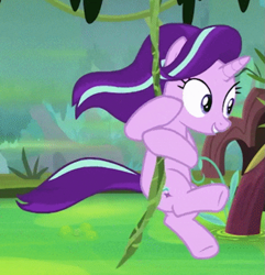 Size: 939x973 | Tagged: safe, screencap, character:starlight glimmer, species:pony, species:unicorn, episode:on the road to friendship, cropped, female, low quality, mare, solo, swinging, vine