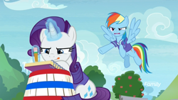 Size: 1920x1080 | Tagged: safe, screencap, character:rainbow dash, character:rarity, species:pegasus, species:pony, species:unicorn, episode:the end in friend, g4, my little pony: friendship is magic, angry, buckball, buckball uniform, clothing, concentrating, discovery family logo, drawing, duo, female, flying, glowing horn, jersey, levitation, magic, mare, notebook, pencil, sitting, sketchbook, telekinesis, tongue out