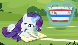 Size: 1073x619 | Tagged: safe, screencap, character:rarity, species:pony, species:unicorn, episode:the end in friend, g4, my little pony: friendship is magic, basket, buckball uniform, buckbasket, bushel basket, clothing, concentrating, cropped, drawing, female, glowing horn, jersey, levitation, lying down, magic, mare, notebook, pencil, telekinesis, tongue out