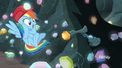 Size: 1920x1080 | Tagged: safe, screencap, character:rainbow dash, species:pegasus, species:pony, episode:the end in friend, g4, my little pony: friendship is magic, cave, cute, dashabetes, discovery family logo, excited, female, flying, gasp, gem, gem cave, helmet, hooves on cheeks, mare, mining helmet