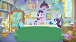 Size: 1920x1080 | Tagged: safe, screencap, character:rainbow dash, character:rarity, character:starlight glimmer, species:pegasus, species:pony, species:unicorn, episode:the end in friend, g4, my little pony: friendship is magic, angry, book, bookshelf, boots, calendar, candy dish, clothing, couch, crystal, discovery family logo, disgusted, female, flower, geode, gesture, inkwell, kite, mare, picture, poster, quill pen, rock, saddle bag, school of friendship, scroll, shoes, sitting, starlight's office, teapot