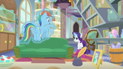 Size: 1920x1080 | Tagged: safe, screencap, character:rainbow dash, character:rarity, species:pegasus, species:pony, species:unicorn, episode:the end in friend, g4, my little pony: friendship is magic, angry, book, bookshelf, boots, candy dish, clothing, couch, discovery family logo, eye contact, female, flying, frown, glare, glitter boots, globe, glowing horn, hourglass, inkwell, levitation, looking at each other, magic, mare, narrowed eyes, neckerchief, potion, quill pen, school of friendship, scroll, shoes, smiling, smirk, starlight's office, telekinesis, trophy