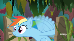 Size: 1920x1080 | Tagged: safe, screencap, character:rainbow dash, species:pegasus, species:pony, episode:the end in friend, g4, my little pony: friendship is magic, boat, buzzing wings, discovery family logo, female, flapping, froggy bottom bog, mare, motion blur, raft, s.s. cragadile, smiling, solo, swamp, wings