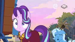 Size: 1280x720 | Tagged: safe, screencap, character:starlight glimmer, character:trixie, species:pony, species:unicorn, episode:on the road to friendship, clothing, crying, duo, duo female, female, mare, messy mane, robe, tree branch