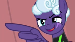 Size: 999x562 | Tagged: safe, screencap, character:rolling thunder, species:pegasus, species:pony, episode:the washouts, g4, my little pony: friendship is magic, australian, eye scar, female, pointing, scar, talking, washouts uniform, wing hands