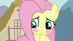 Size: 1280x720 | Tagged: safe, screencap, character:fluttershy, species:pegasus, species:pony, episode:keep calm and flutter on, g4, my little pony: friendship is magic, blushing, cute, female, mare, shyabetes, solo