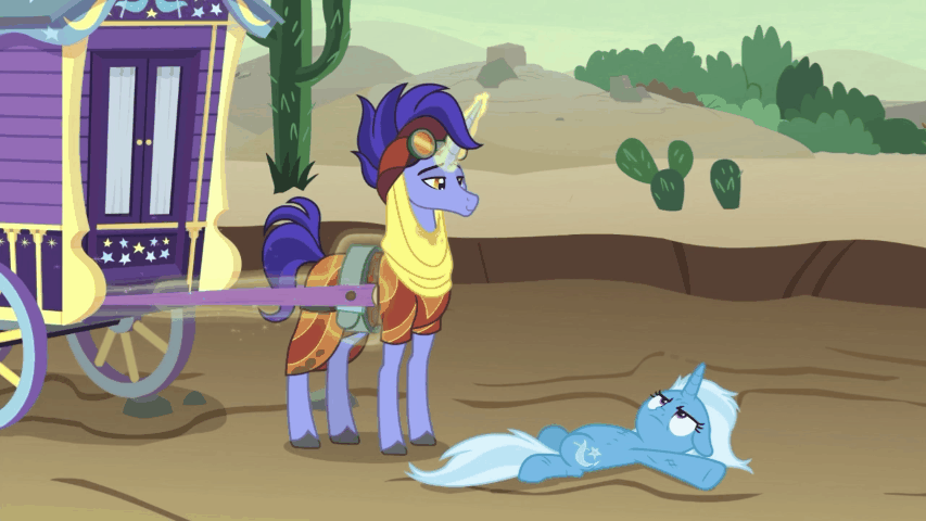 Size: 853x480 | Tagged: safe, screencap, character:hoo'far, character:trixie, species:pony, species:unicorn, episode:on the road to friendship, animated, cactus, coconut tree, day night cycle, desert, duo, female, food, gif, levitation, lying down, magic, male, mare, messy mane, on back, patience, road, saddle arabian, sitting, smug, stallion, tea, telekinesis, trixie's wagon