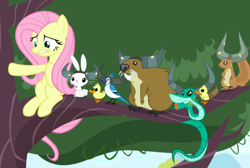 Size: 946x636 | Tagged: safe, screencap, character:angel bunny, character:fluttershy, species:bird, species:pony, species:rabbit, episode:party pooped, g4, my little pony: friendship is magic, animal, beaver, blue jay, cropped, duckling, fake horns, female, looking down, mare, rupert, sitting in a tree, snake, squirrel, tree branch, yak horns
