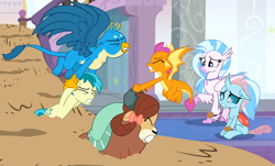 Size: 1684x1014 | Tagged: safe, screencap, character:gallus, character:ocellus, character:sandbar, character:silverstream, character:smolder, character:yona, species:changeling, species:classical hippogriff, species:dragon, species:earth pony, species:griffon, species:hippogriff, species:pony, species:reformed changeling, species:yak, episode:a matter of principals, g4, my little pony: friendship is magic, bow, cloven hooves, dragoness, female, hair bow, jewelry, male, monkey swings, necklace, rescue, scared, student six, teenager