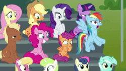 Size: 1280x720 | Tagged: safe, screencap, character:amethyst star, character:applejack, character:bon bon, character:button mash, character:carrot top, character:cherry berry, character:cherry spices, character:citrus blush, character:doctor whooves, character:fluttershy, character:gallus, character:golden harvest, character:goldengrape, character:lemon hearts, character:lily, character:lily valley, character:lyra heartstrings, character:octavia melody, character:pinkie pie, character:rainbow dash, character:rarity, character:roseluck, character:ruby pinch, character:scootaloo, character:silverstream, character:smolder, character:sparkler, character:sweetie drops, character:time turner, character:toola roola, character:twilight sparkle, character:twilight sparkle (alicorn), character:twinkleshine, species:alicorn, species:dragon, species:earth pony, species:griffon, species:hippogriff, species:pegasus, species:pony, species:unicorn, episode:the washouts, g4, my little pony: friendship is magic, animated, cotton candy, dashie hates ripoffs, female, food, lyra is not amused, male, mane six, mare, popcorn, rainbow douche, salty, sound, stallion, unamused, webm